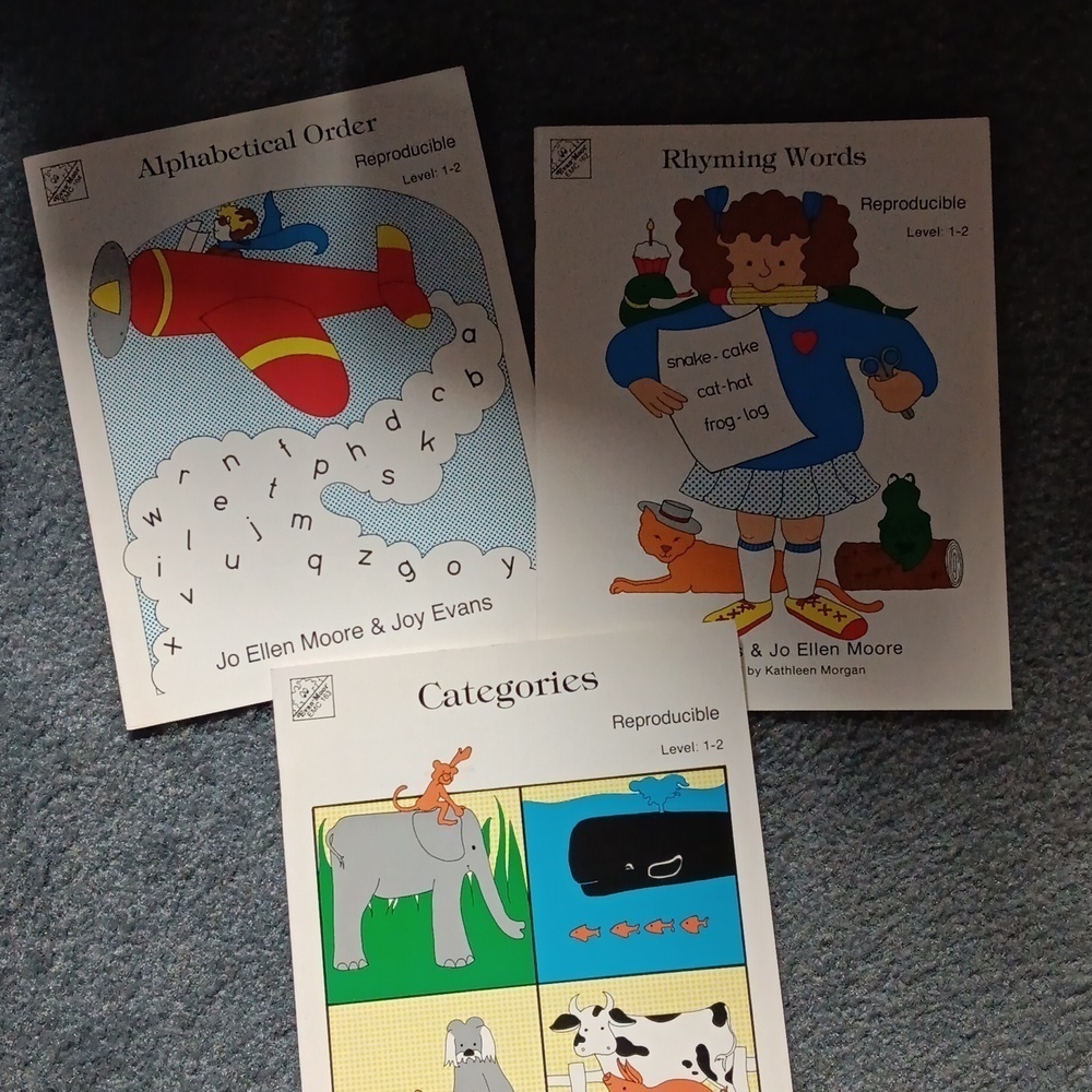 Alphabetical order, rhyming words, and categories books. 3 books